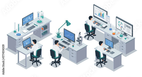 Isometric office scientists analyzing data in modern laboratory environment
