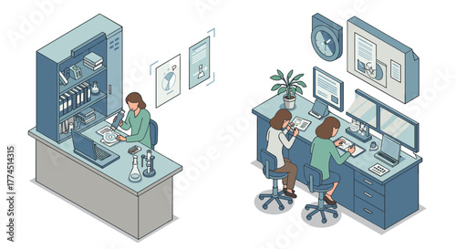 Isometric office and laboratory scene with professionals conducting research