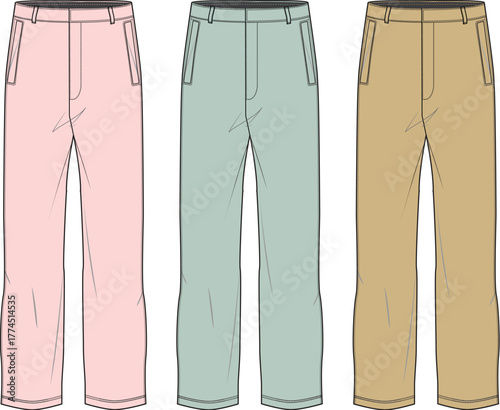 Three vector illustrations of modern snow ski pants in a front view, showcasing distinct pastel pink, light blue-green, and earthy tan colors for winter sportswear apparel design