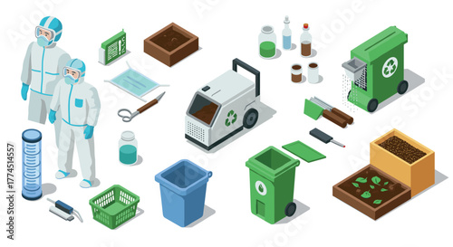 Isometric recycling and composting tools with protective gear