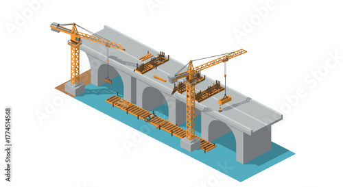 Isometric bridge construction with cranes and building materials