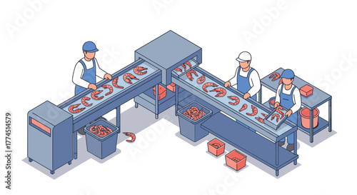 Seafood processing plant isometric view with workers on conveyor belt