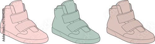 Illustrative set of stylish high-top sneakers in assorted pastel colors, featuring hook-and-loop fasteners for a comfortable fit, ideal for depicting modern casual footwear designs
