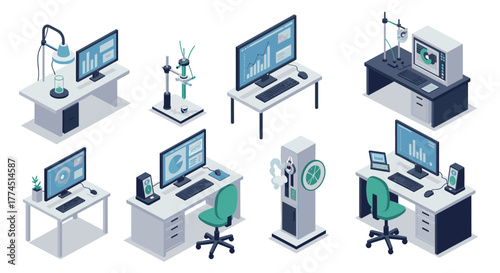 Modern isometric workspace with computer desks and lab equipment
