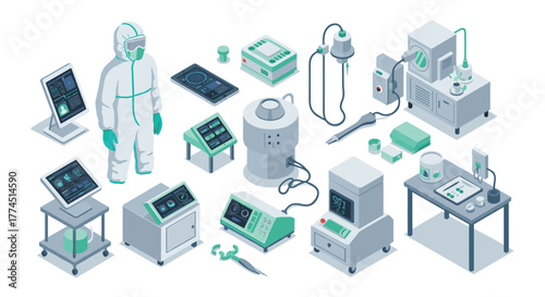 Laboratory equipment and scientist in protective gear in isometric style