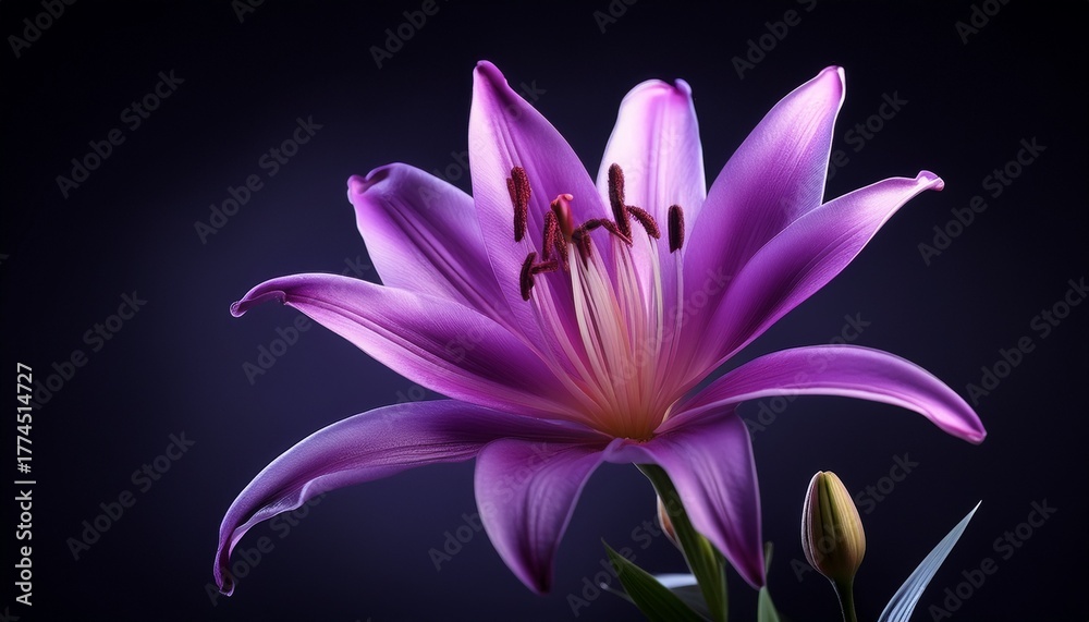 Naklejka premium Vibrant Purple Lily Blooming Against A Dark Backdrop Reveals Natural Beauty And Elegance