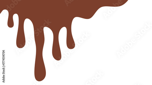 Melted chocolate or syrup drips isolated on a white background. Flowing liquid chocolate border element. A sweet brown syrup or sauce that melts and drips.