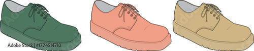 Set of three colorful casual lace-up shoes, a collection of stylish footwear in green, pink, and beige presented as a vector illustration on a white background