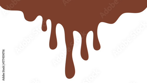 Melted chocolate or syrup drips isolated on a white background. Flowing liquid chocolate border element. A sweet brown syrup or sauce that melts and drips.