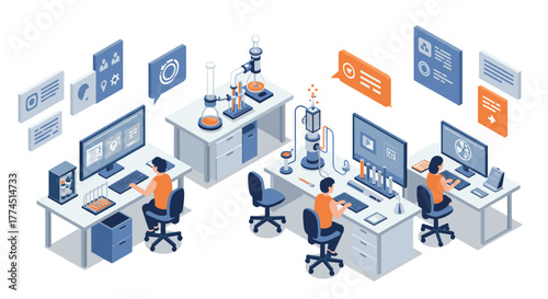 Isometric laboratory scene with scientists working on computers and experiments