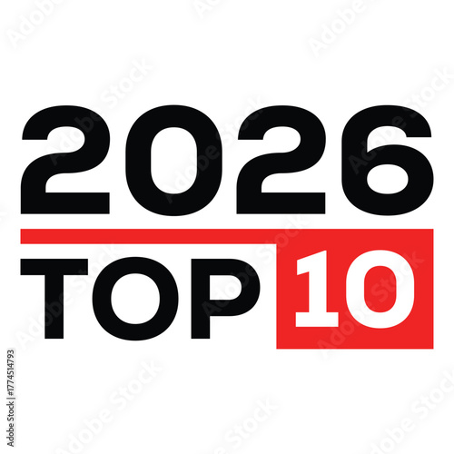 Bold “Top 10 2026” typography design with red, black, and white color scheme. Modern banner-style layout ideal for ranking lists, reviews, countdowns, or promotional and marketing content visuals.	