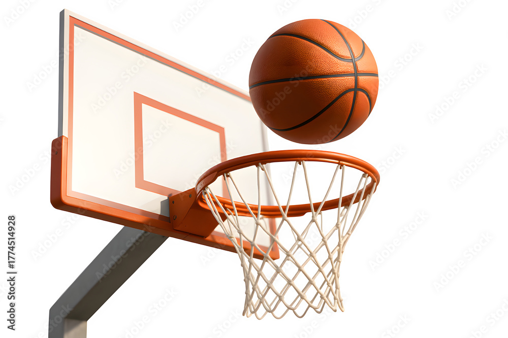 Fototapeta premium Basketball Hoop with Flying Ball – Dynamic 3D Mid-Shot Render on White