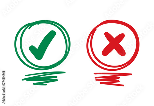 hand drawn check symbol and cancel symbol. doodle check and cancel signs