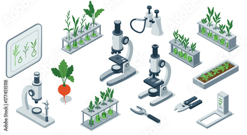 Innovative isometric botanical laboratory with microscopes and plant research…