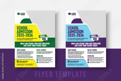 kids school admission flyer template. Flyer brochure cover template for Kids back to school education admission layout design. Creative and modern kids admission education poster, brochure layout.