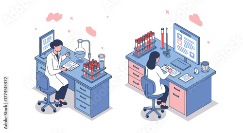 Isometric laboratory research concept with scientists analyzing data and cond…
