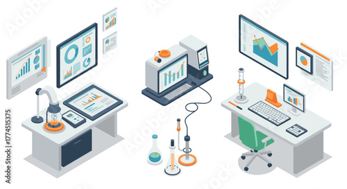 Modern isometric laboratory workspace with digital equipment and analytics di…