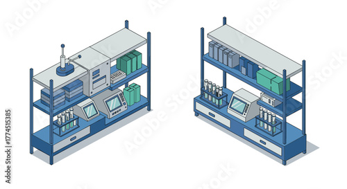 Laboratory shelving units with equipment and supplies in isometric style