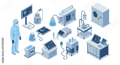 Isometric laboratory equipment and scientist in protective gear on white back…