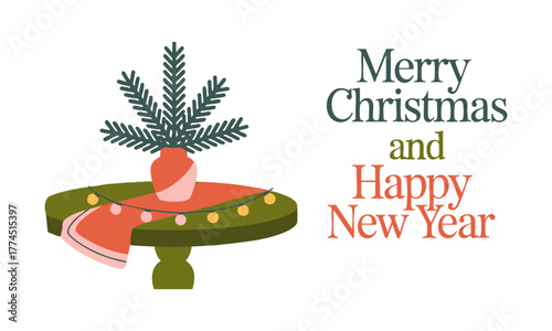 Vector illustration Holiday Scene on White — Small Tree, Vase & Lightson White Backgrounde, easily editable.