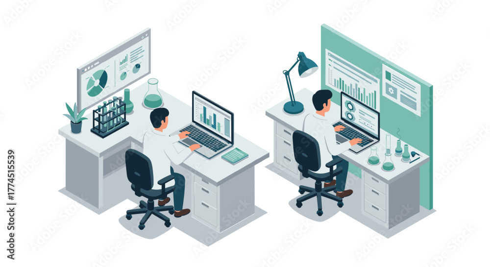 Obraz premium Isometric laboratory and office workspace with scientists analyzing data
