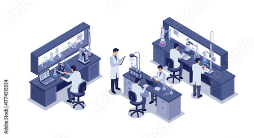 Isometric scientific research laboratory scene with researchers and equipment