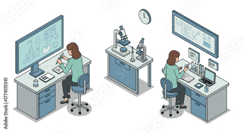 Busy laboratory scene with scientist analyzing data and conducting experiments