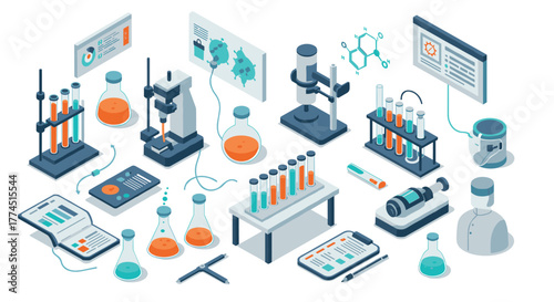 Isometric laboratory equipment and tools in modern scientific research enviro…