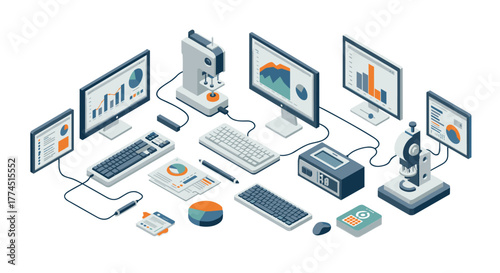 Isometric data analysis and research equipment in modern office setup
