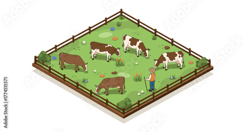 Isometric farm scene with grazing cows and farmer in lush pasture