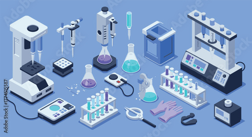 Modern isometric laboratory equipment on blue background for scientific research