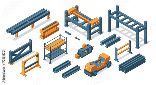Isometric construction equipment set featuring metal frames and machinery