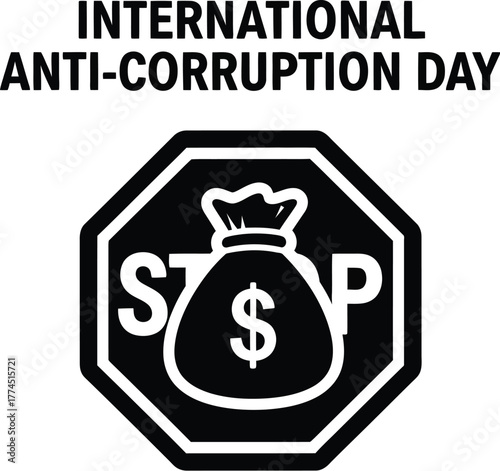International anticorruption day illustration with a stop sign and money bag