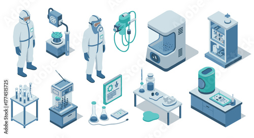 Isometric science lab equipment with scientists in protective gear