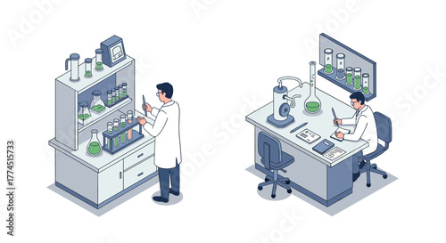 Isometric laboratory scene with scientists in modern research facility