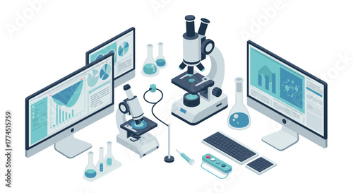 Isometric laboratory workspace with microscopes and data analysis screens