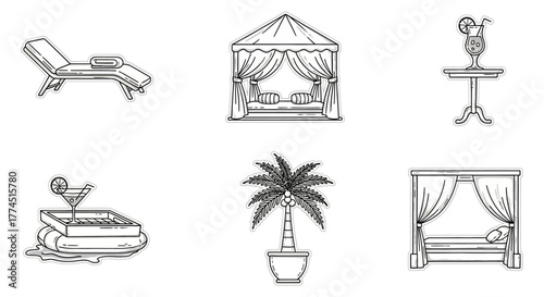 summer beach vacation scene with cabana drinks  lounge chair illustrating relaxation leisure  tropical getaway perfect for travel  tourism ads.