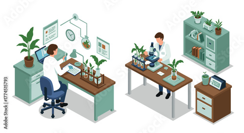 Research scientists in modern laboratory with equipment and plants in isometr…