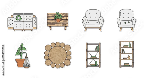 sustainable furniture eco-friendly decor in a cozy living room featuring a recycled couch and plant promoting green living and conscious design