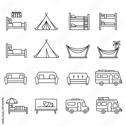 beds icons beds camping tent hammock sofas and rv for furniture store website showcasing home decor and outdoor accommodation options