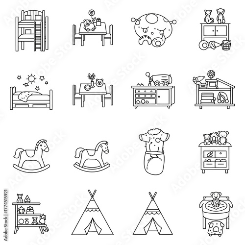 nursery icons depicting baby room decor toys and furniture illustrating infant care and early childhood perfect for childrens product design