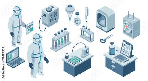 Isometric laboratory equipment with scientists in ppe suits engaged in resear…