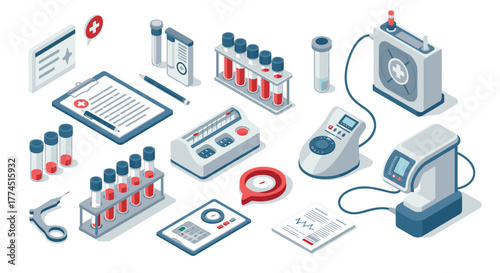 Isometric medical laboratory equipment set with test tubes and devices for re…