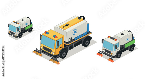 Isometric street sweeper trucks with brooms on clean white background