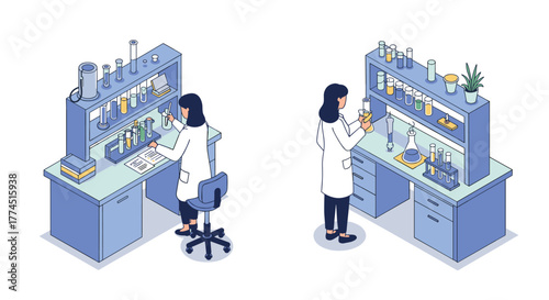 Isometric laboratory scene with researchers and scientific equipment in moder…