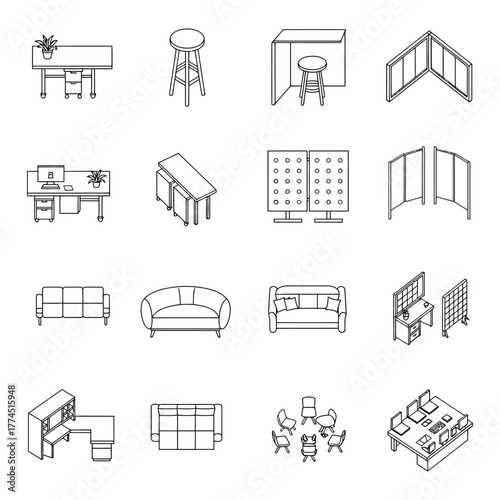office furniture layout planning for coworking space interior design showcasing desks sofas and chairs ideal for architectural visualization and business promotion
