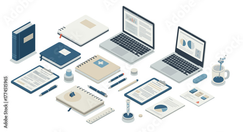 Modern office workspace with laptops, notebooks, and stationery in isometric…