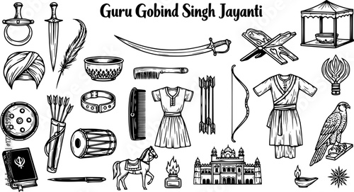 Guru Gobind Singh Jayanti Black and White Illustration: Sikhism Symbols and Elements