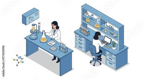 Isometric laboratory scene with scientists at work in a modern research facility