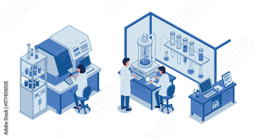 Isometric laboratory scene: scientists working with equipment and technology